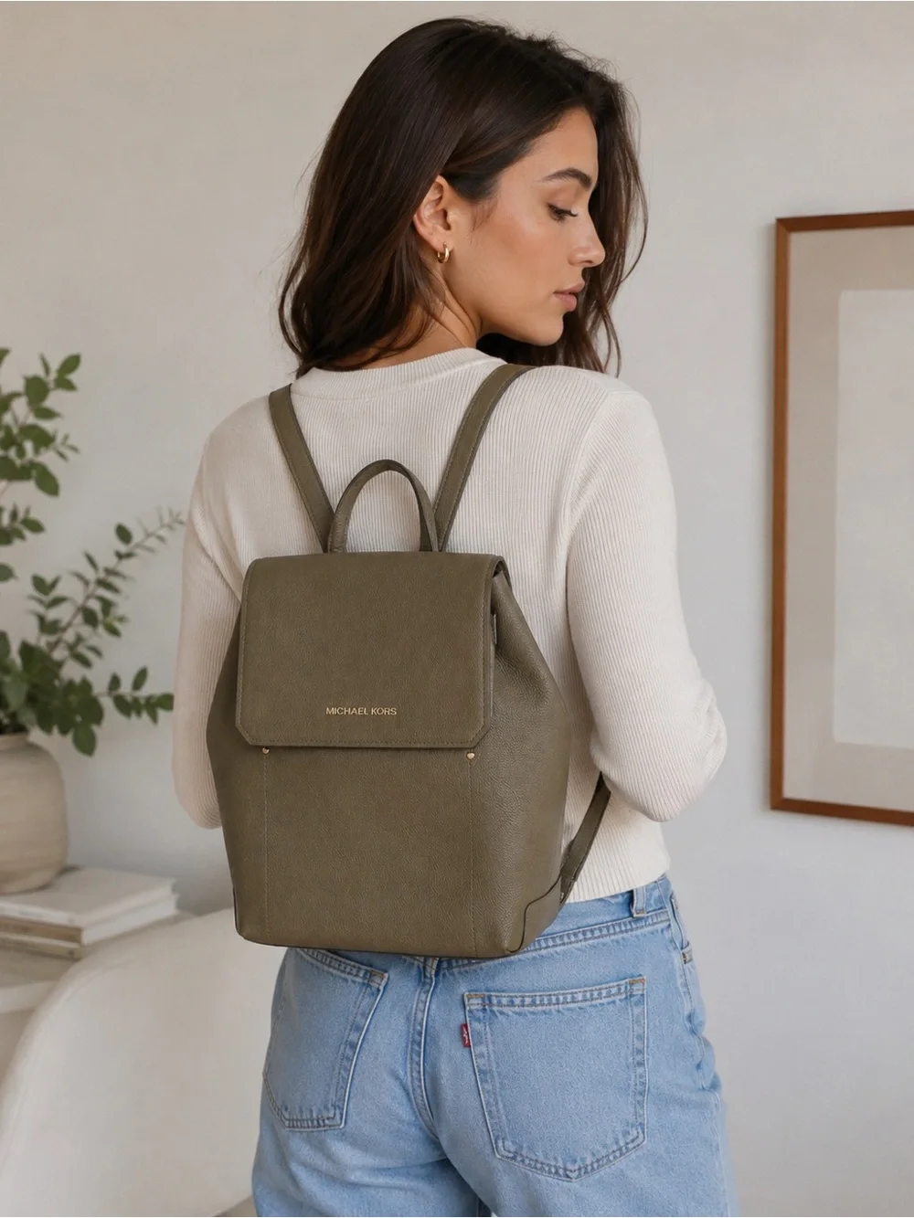 Michael Kors Olive Green Pebbled Leather Flap Backpack with Gold MK Charm Amazon.com: Michael Kors Sable Medium Backpack, Gold-Tone  main image 4
